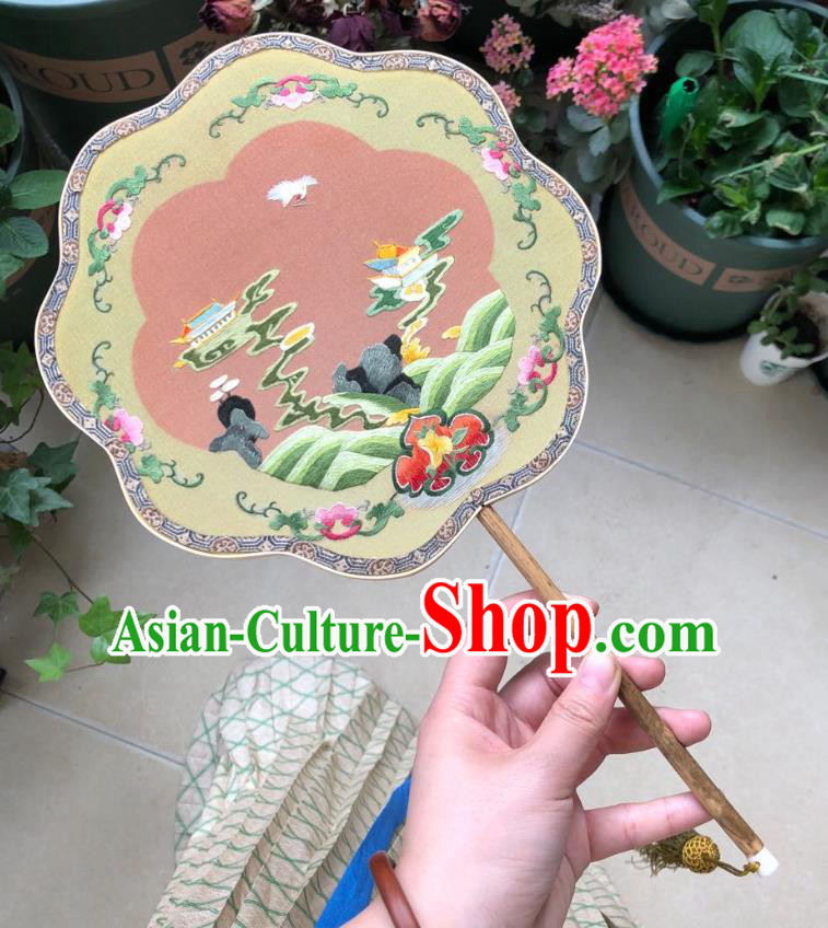 Chinese Classical Beige Silk Palace Fan Ancient Song Dynasty Princess Embroidered Heavenly Court Fans Accessories
