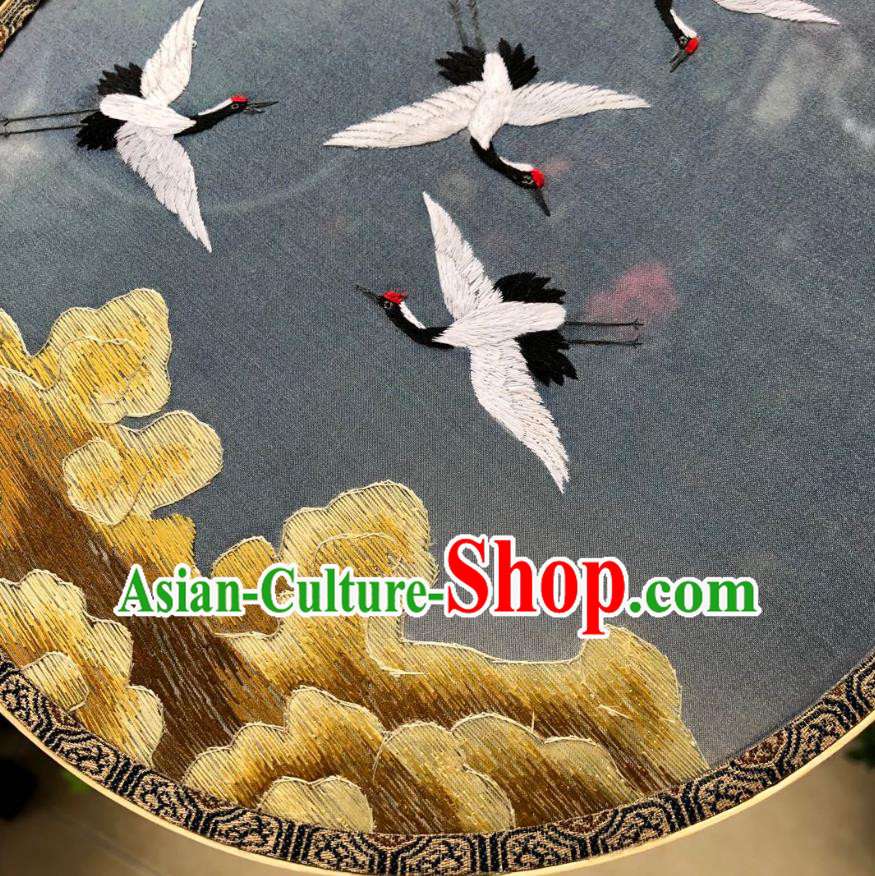 Chinese Classical Blue Silk Palace Fan Ancient Song Dynasty Princess Embroidered Cloud Cranes Fans Accessories