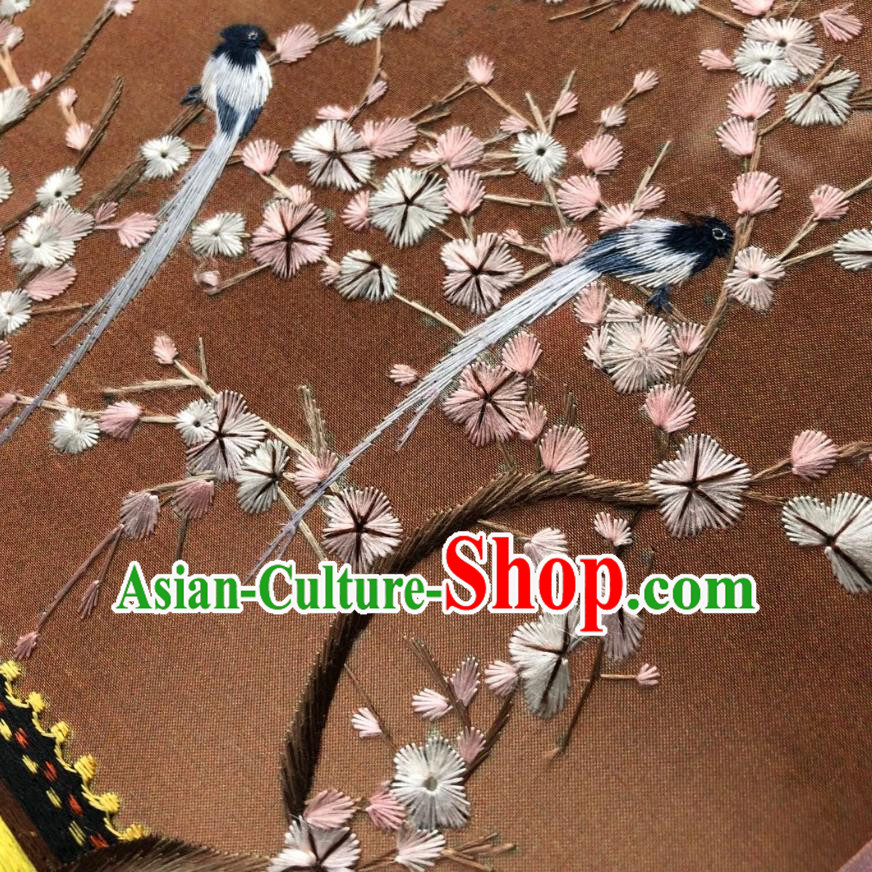 Chinese Classical Brown Silk Palace Fan Ancient Song Dynasty Princess Embroidered Plum Birds Round Fans Accessories