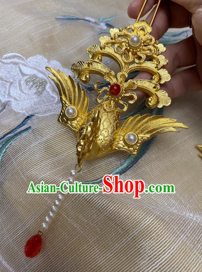 Chinese Ancient Empress Tassel Golden Phoenix Hairpins Hair Accessories Handmade Ming Dynasty Court Wedding Hair Stick