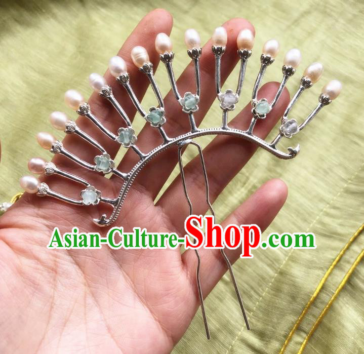 Chinese Ancient Princess Blue Beads Hairpins Hair Accessories Handmade Tang Dynasty Pearls Argent Hair Sticks