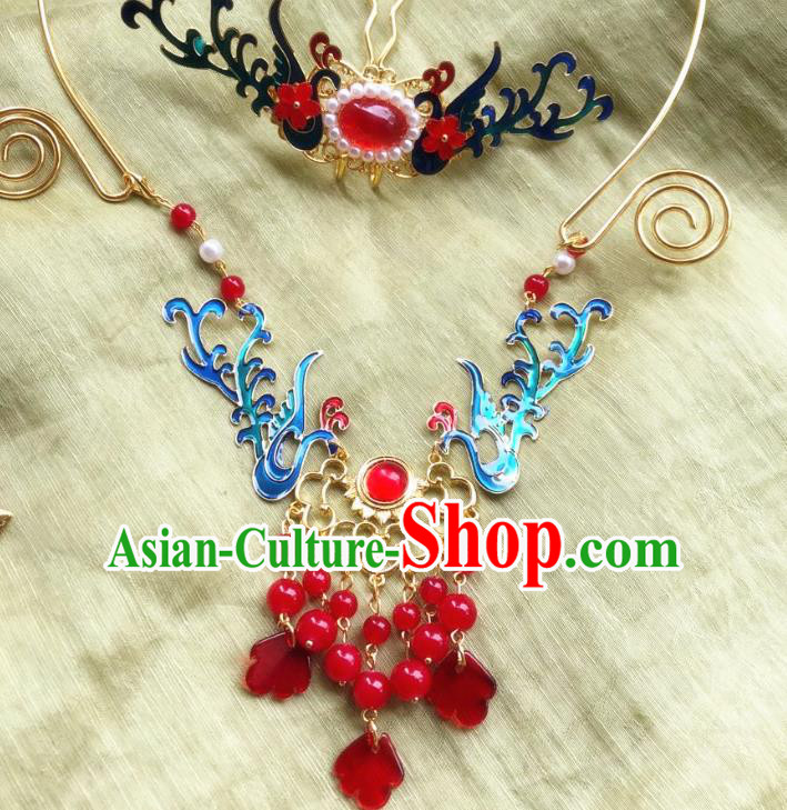 Chinese Handmade Red Beads Tassel Necklet Classical Jewelry Accessories Ancient Hanfu Blueing Phoenix Necklace for Women
