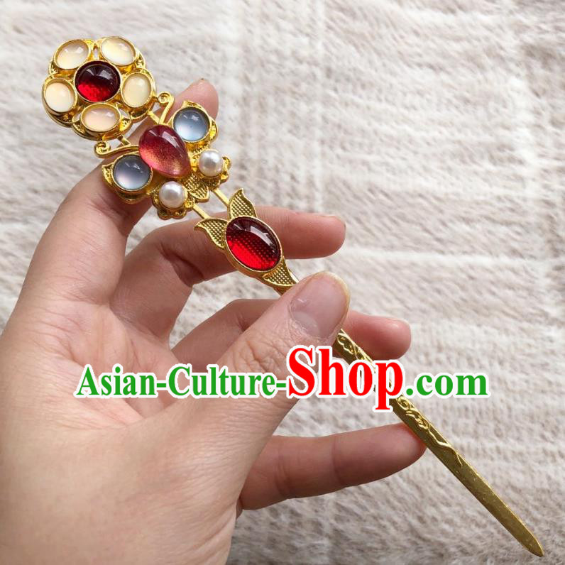 Chinese Ancient Empress Golden Hairpins Hair Accessories Handmade Ming Dynasty Court Gems Hair Stick