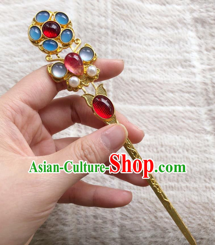 Chinese Ancient Empress Golden Hairpins Hair Accessories Handmade Ming Dynasty Court Aquamarine Hair Stick