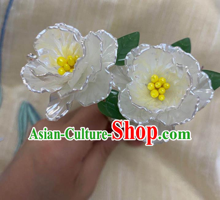Chinese Ancient Princess White Camellia Hairpins Hair Accessories Handmade Ming Dynasty Shell Hair Sticks