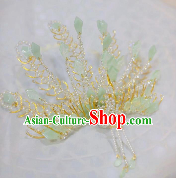 Chinese Ancient Imperial Concubine Pearls Tassel Hairpins Hair Accessories Handmade Ming Dynasty Court Green Tail Phoenix Hair Crown