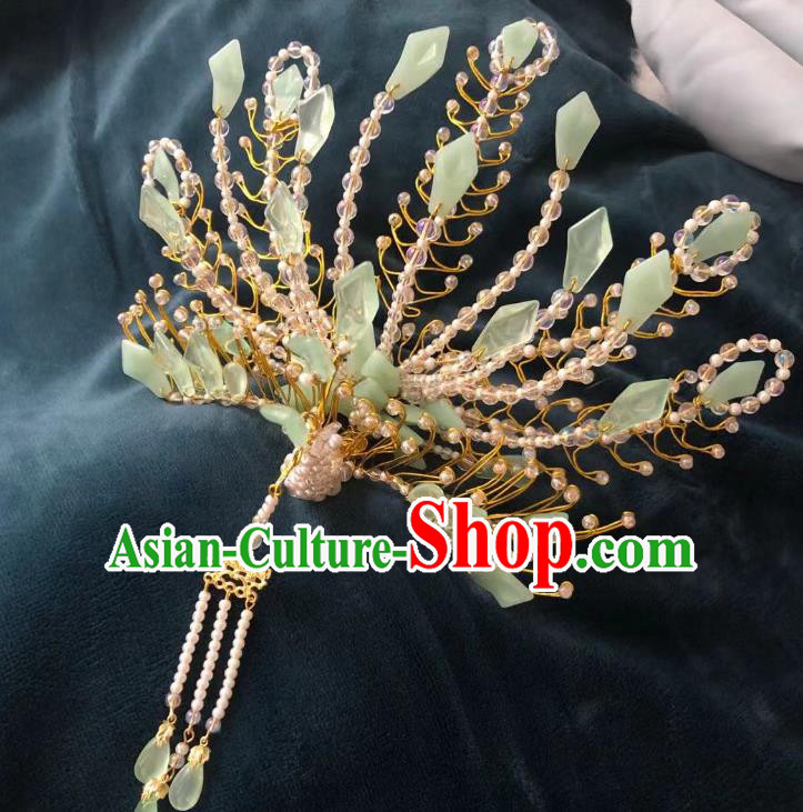 Chinese Ancient Imperial Concubine Pearls Tassel Hairpins Hair Accessories Handmade Ming Dynasty Court Green Tail Phoenix Hair Crown