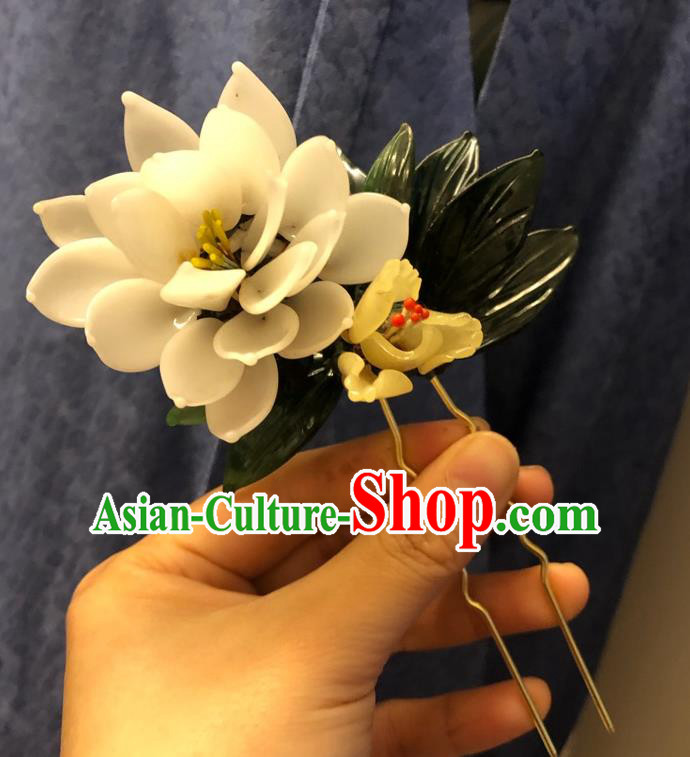 Chinese Ancient Palace Lady White Mangnolia Flowers Hairpins Hair Accessories Handmade Plastic Yulan Magnolia Hair Stick