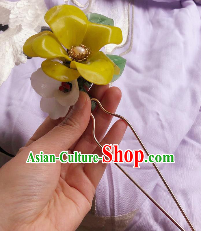 Chinese Ancient Palace Lady Pearl Blossom Hairpins Hair Accessories Handmade Plastic Camellia Yellow Flower Hair Stick