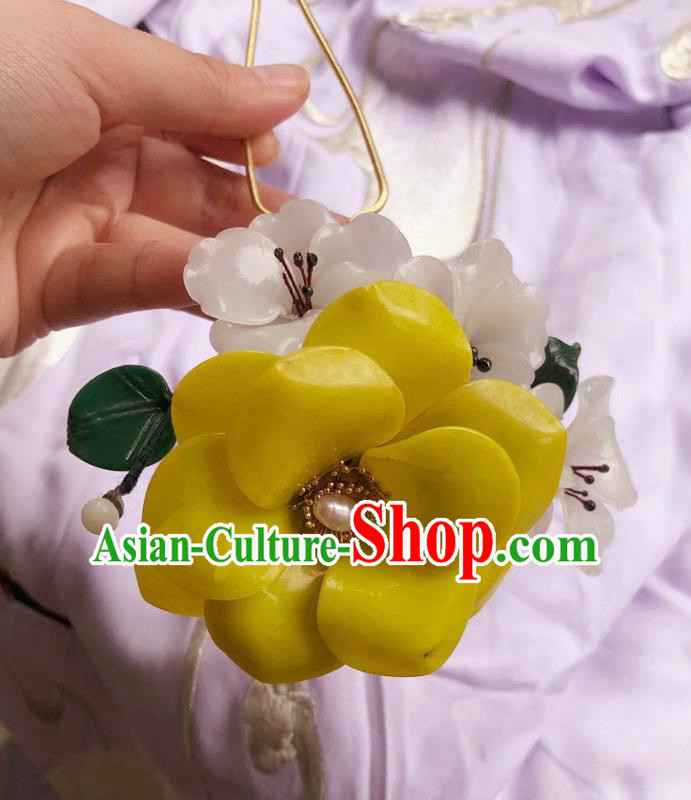 Chinese Ancient Palace Lady Plastic Camellia Hairpins Hair Accessories Handmade Yellow Flower Hair Stick