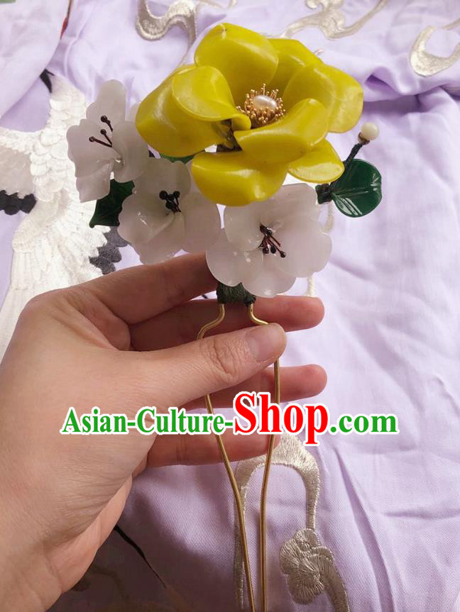 Chinese Ancient Palace Lady Plastic Camellia Hairpins Hair Accessories Handmade Yellow Flower Hair Stick