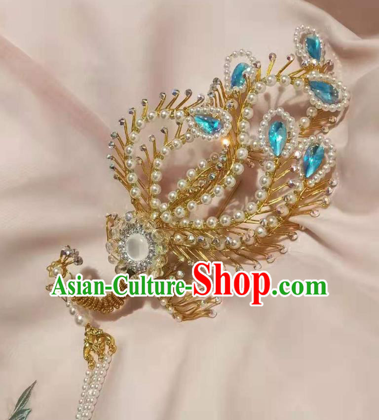 Chinese Ancient Imperial Empress Blue Crystal Phoenix Tassel Step Shake Hairpins Hair Accessories Handmade Ming Dynasty Court Golden Hair Crown