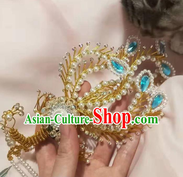 Chinese Ancient Imperial Empress Blue Crystal Phoenix Tassel Step Shake Hairpins Hair Accessories Handmade Ming Dynasty Court Golden Hair Crown