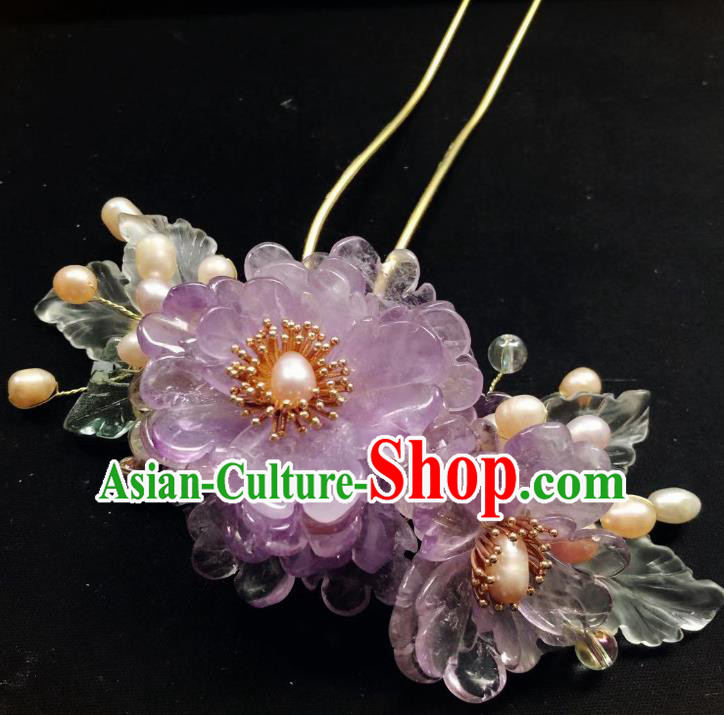 Chinese Ancient Princess Pearls Hairpins Hair Accessories Handmade Ming Dynasty Lilac Flowers Hair Stick
