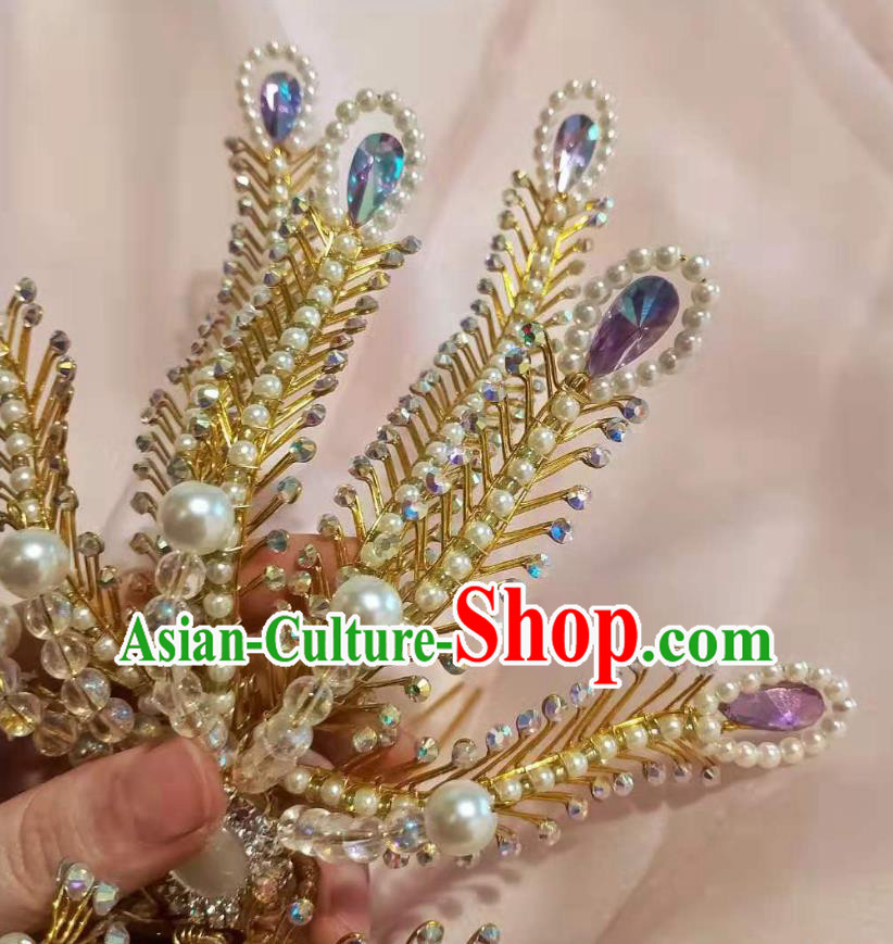 Chinese Ancient Imperial Concubine Beads Tassel Hairpins Hair Accessories Handmade Ming Dynasty Court Purple Golden Phoenix Hair Crown