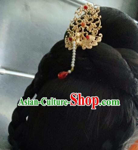 Chinese Ancient Princess Golden Phoenix Hairpins Hair Accessories Handmade Ming Dynasty Palace Tassel Hair Crown