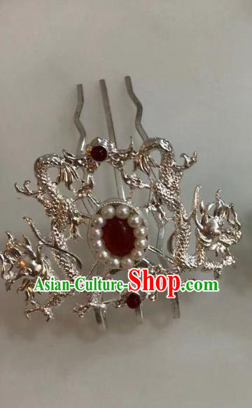 Chinese Ancient Empress Agate Dragons Hairpins Hair Accessories Handmade Ming Dynasty Palace Pearls Hair Crown