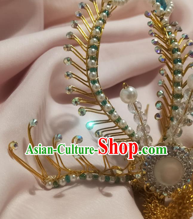 Chinese Ancient Empress Blue Crystal Hair Comb Hairpins Hair Accessories Handmade Ming Dynasty Palace Golden Phoenix Hair Crown