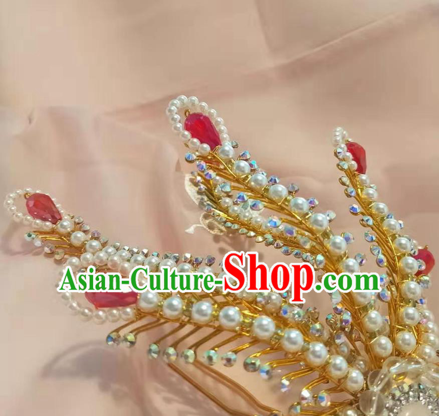 Chinese Ancient Imperial Concubine Beads Tassel Golden Hairpins Hair Accessories Handmade Ming Dynasty Court Red Beads Phoenix Hair Crown