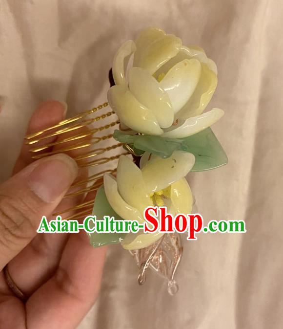 Chinese Ancient Palace Lady Light Yellow Flowers Hairpins Hair Accessories Handmade Plastic Azalea Hair Comb