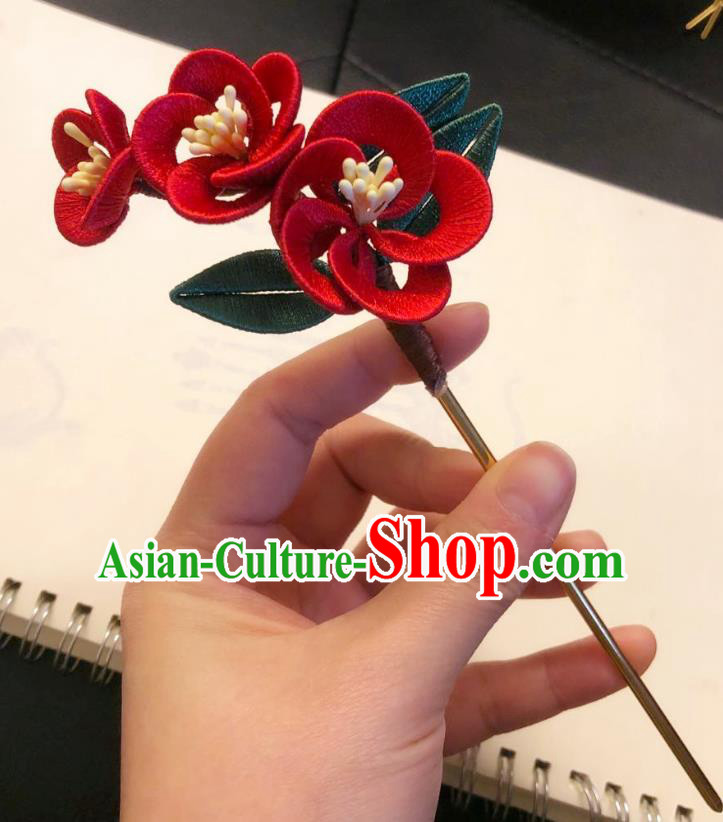 Chinese Ancient Court Lady Red Silk Plum Flowers Hairpins Hair Accessories Handmade Tang Dynasty Blossom Hair Stick
