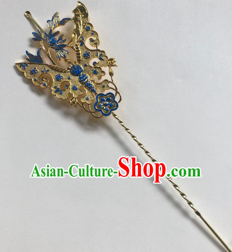 Chinese Ancient Palace Lady Blueing Butterfly Hairpins Hair Accessories Handmade Ming Dynasty Queen Golden Curette Hair Stick