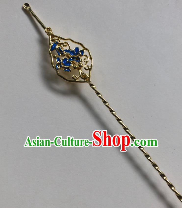 Chinese Ancient Palace Lady Blueing Flowers Hairpins Hair Accessories Handmade Ming Dynasty Queen Golden Curette Hair Stick