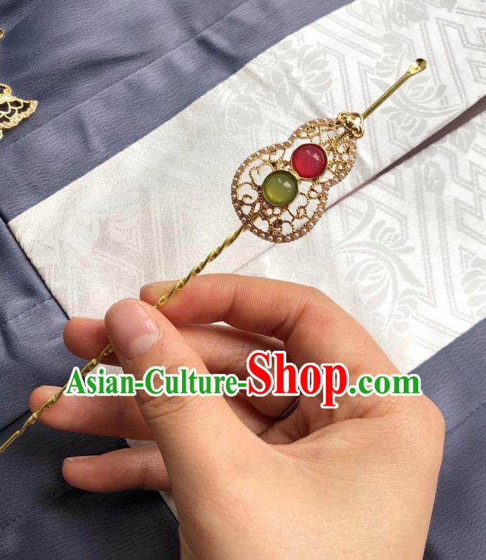 Chinese Ancient Palace Lady Golden Calabash Hairpins Hair Accessories Handmade Ming Dynasty Queen Gems Curette Hair Stick