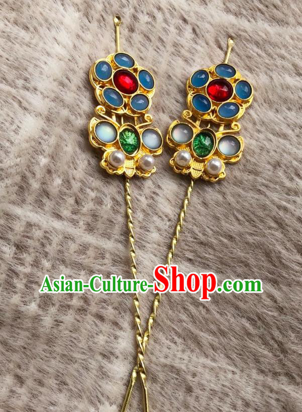Chinese Ancient Palace Lady Gems Hairpins Hair Accessories Handmade Ming Dynasty Queen Golden Butterfly Curette Hair Stick