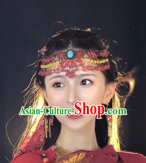 Chinese Ancient Palace Red Beads Tassel Eyebrows Pendant Hairpins Hair Accessories Handmade Hair Clasp