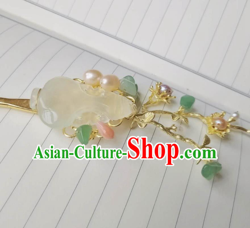Chinese Ancient Court Women Jade Hairpins Hair Accessories Handmade Qing Dynasty Palace Golden Plum Pearls Hair Stick