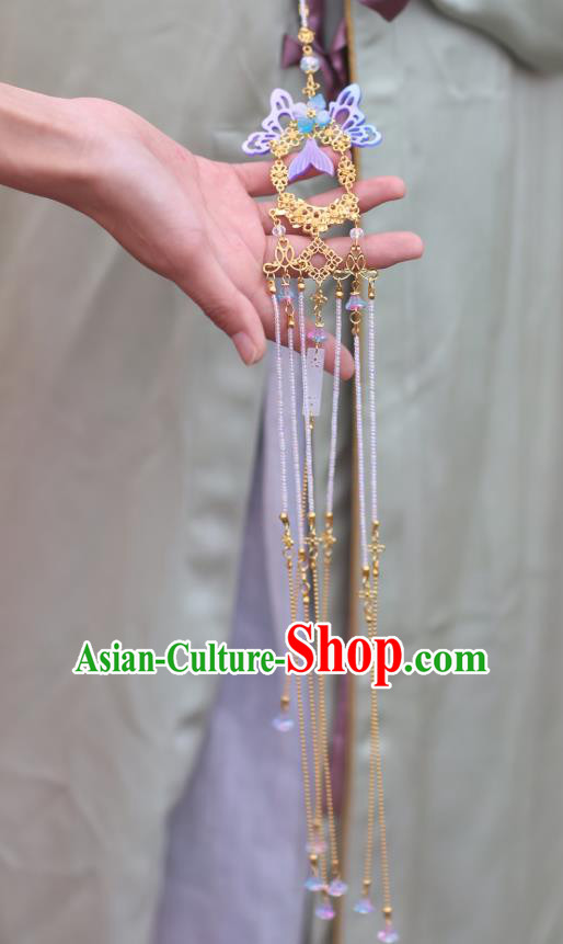 Chinese Classical Handmade Purple Butterfly Tassel Waist Accessories Ancient Princess Hanfu Belt Pendant