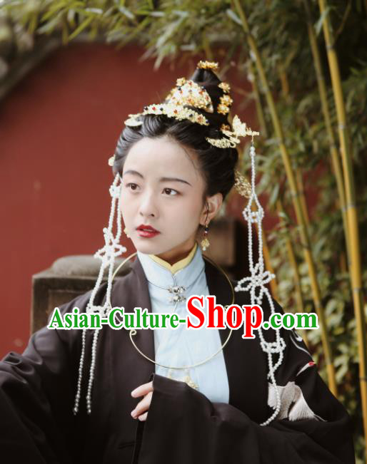 Chinese Ancient Empress Phoenix Coronet Hairpins Hair Accessories Handmade Ming Dynasty Palace Golden Hair Crown Complete Set