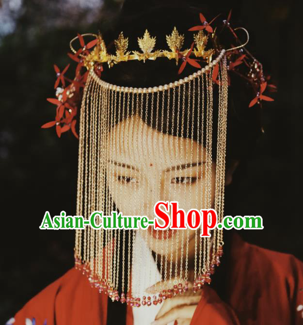 Chinese Classical Wedding Handmade Tassel Face Mask and Headwear Ancient Ming Dynasty Princess Hanfu Hair Accessories Full Set