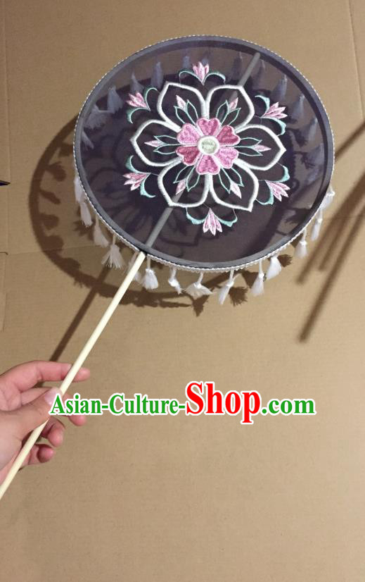 Chinese Classical Wedding Black Silk Fans Handmade Tassel Round Fan Ancient Tang Dynasty Princess Hanfu Embroidered Palace Fan