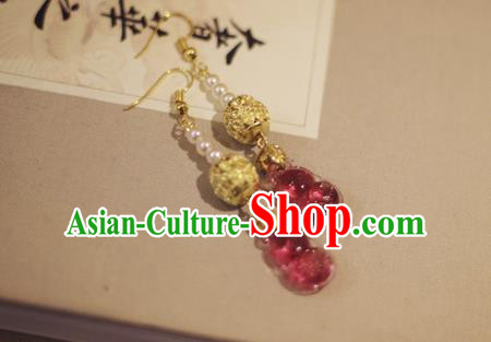 Handmade Chinese Classical Garnet Eardrop Ear Accessories Ancient Ming Dynasty Princess Hanfu Golden Earrings