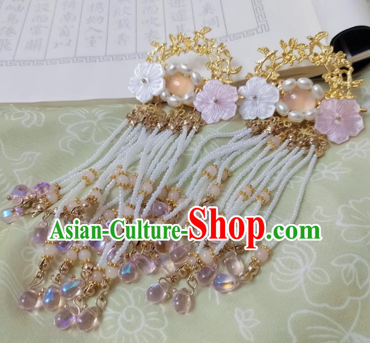 Chinese Ancient Empress Shell Flower Hair Claws Hairpins Hair Accessories Handmade Ming Dynasty Palace Tassel Hair Sticks
