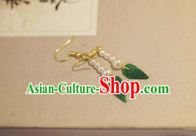 Handmade Chinese Classical Jadeite Leaf Eardrop Ear Accessories Ancient Ming Dynasty Princess Hanfu Pearls Earrings