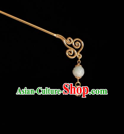 Chinese Ancient Princess Golden Bell Hairpins Hair Accessories Handmade Cheongsam Carving Lotus White Jade Hair Stick