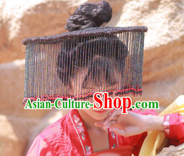 Chinese Classical Handmade Black Beads Tassel Hat Ancient Ming Dynasty Princess Hanfu Headwear