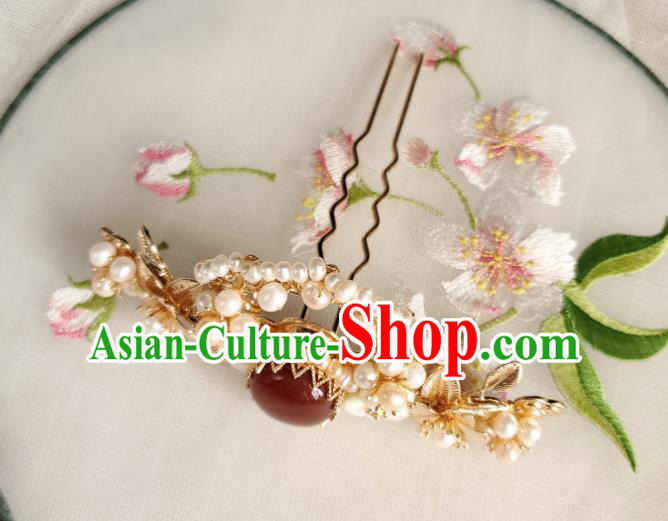 Chinese Ancient Empress Red Stone Hair Crown Hairpins Hair Accessories Handmade Ming Dynasty Hanfu Pearls Hair Stick