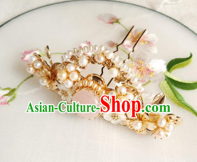 Chinese Ancient Empress Pink Chalcedony Hair Crown Hairpins Hair Accessories Handmade Ming Dynasty Hanfu Pearls Hair Stick