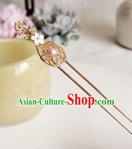 Chinese Ancient Royal Princess Hair Accessories Handmade Ming Dynasty Hanfu Golden Lute Hairpins