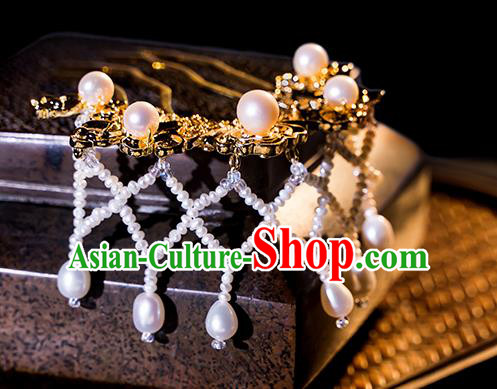 Chinese Ancient Queen Golden Hair Comb Handmade Ming Dynasty Empress Hair Accessories Hanfu Pearls Tassel Hairpins