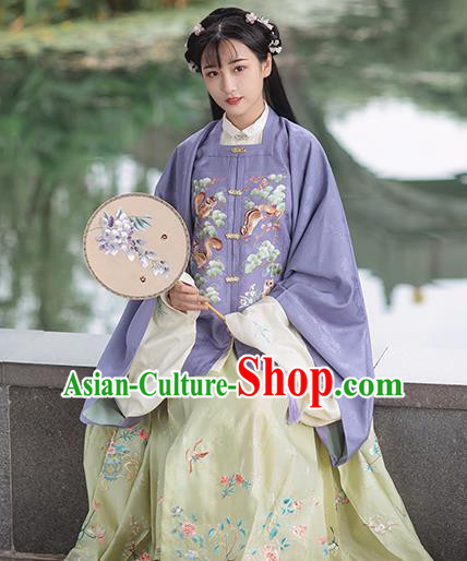 Chinese Traditional Ming Dynasty Historical Costumes Ancient Nobility Female Hanfu Dress Embroidered Purple Blouse and Skirt Full Set
