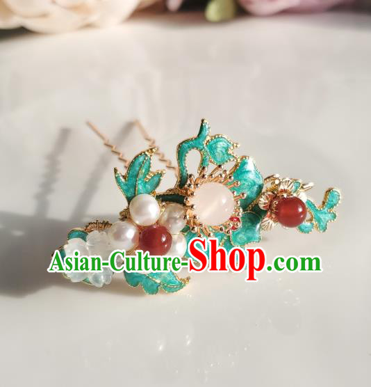 Chinese Ancient Princess Blueing Jasminum Hair Stick Hair Accessories Handmade Ming Dynasty Hanfu Golden Tassel Pearls Hairpins