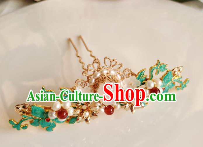 Chinese Ancient Princess Agate Pearls Hair Crown Hair Accessories Handmade Ming Dynasty Hanfu Blueing Jasminum Hairpins