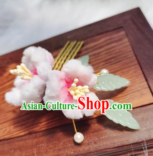 Chinese Ancient Qiing Dynasty Pink Peach Blossom Hair Comb Handmade Hair Accessories Hanfu Princess Velvet Flowers Hairpins