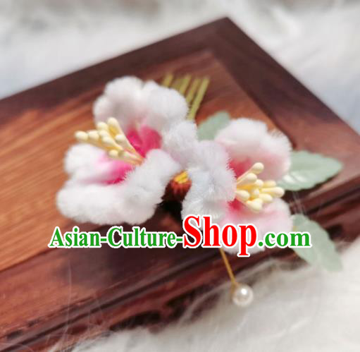Chinese Ancient Qiing Dynasty Pink Peach Blossom Hair Comb Handmade Hair Accessories Hanfu Princess Velvet Flowers Hairpins