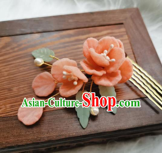 Chinese Qing Dynasty Pink Camellia Hair Comb Handmade Hair Accessories Hanfu Ancient Princess Velvet Flowers Hairpins